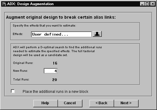 design augmentation wizard screen for number of runs and blocking