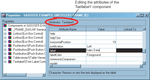 The Properties window while setting the Textlabel1 label attribute