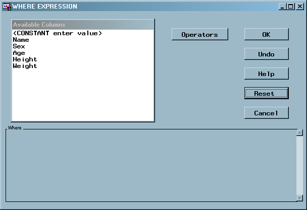 The WHERE Expression Builder Window