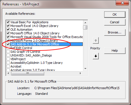 The SAS Add-In 5.1 for Microsoft Office check box in the References dialog box