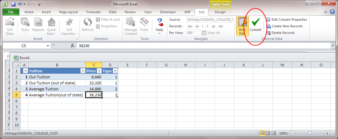 Location of the Commit button on the SAS tab in Microsoft Excel