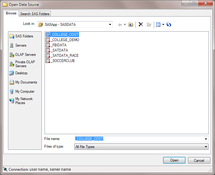 Open Data Source dialog box with the _COLLEGE_COST data set selected