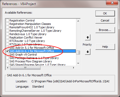 The SAS Add-In 6.1 for Microsoft Office check box in the References dialog box