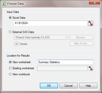 Choose Data dialog box with the Excel Data and New Worksheet options selected