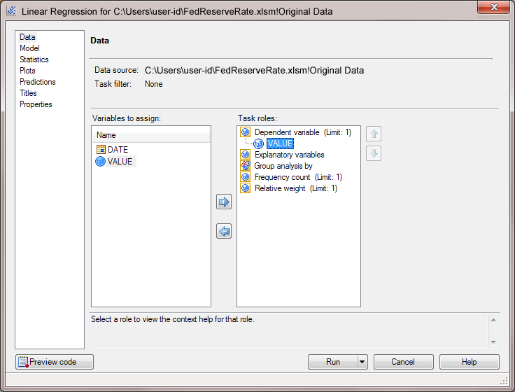 Data panel in the Linear Regression task