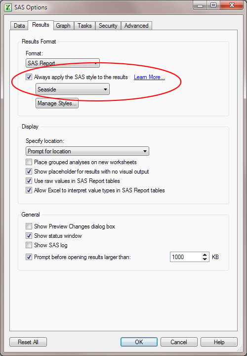 Formatting options on the Results tab in the SAS Options dialog box