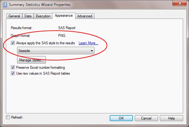 Applying a style in the Summary Statistics Wizard Properties dialog box