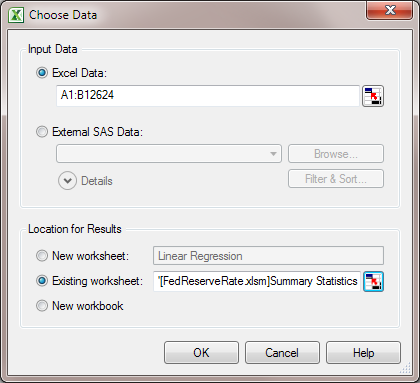 Choose Data dialog box for the Linear Regression task