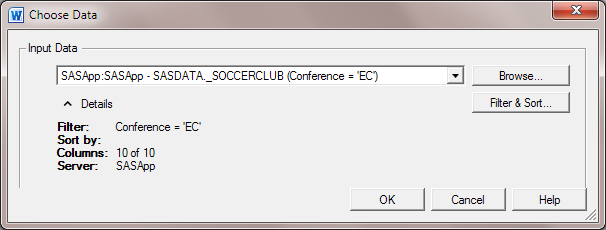 Choose Data dialog box with the data source for the Eastern Conference teams