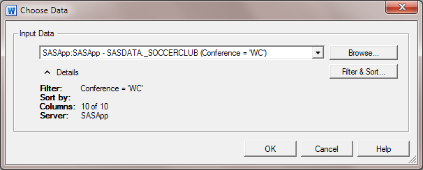 Choose Data dialog box with data source for teams in the Western Conference