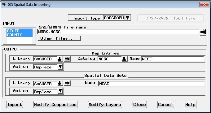SAS/GIS Spatial Data Importing Window with SASGRAPH Import Type