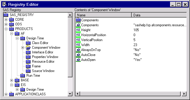 The registry editor window displaying the Components window resource