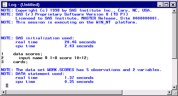 [The Log Window Showing Information about a SAS Session]