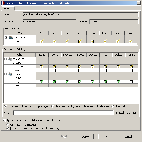 Figure of Privileges window showing Read, Write, Execute, Select, Update, Insert, and Delete privileges for odbcgroup.