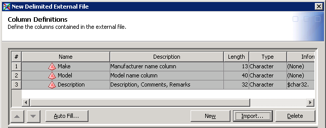 Figure showing the New Delimited External File dialog box