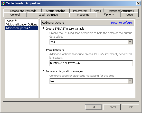 Table Loader Properties dialog box showing system options BUFNO=16 and BUFSIZE=4K