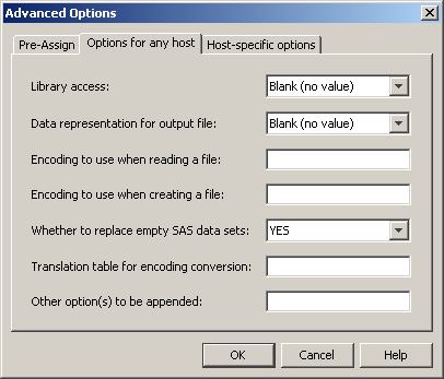 The Options for Any Host Tab in the Advanced Options Dialog
Box for a Base SAS Library