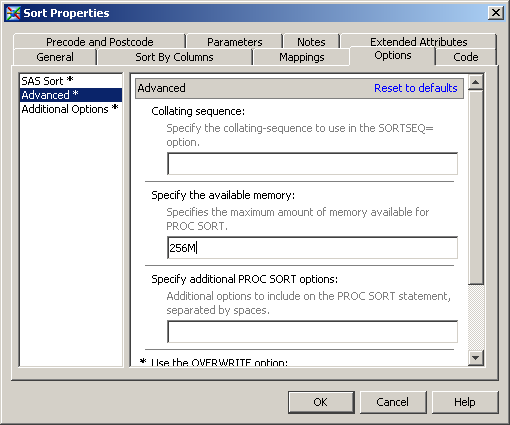 The Options Tab in the SAS Sort Properties Dialog Box