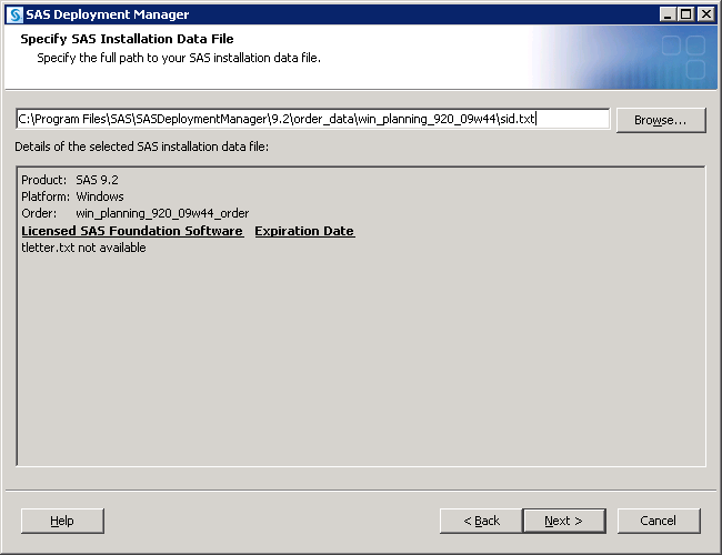 [Specify SAS Installation Data File page]