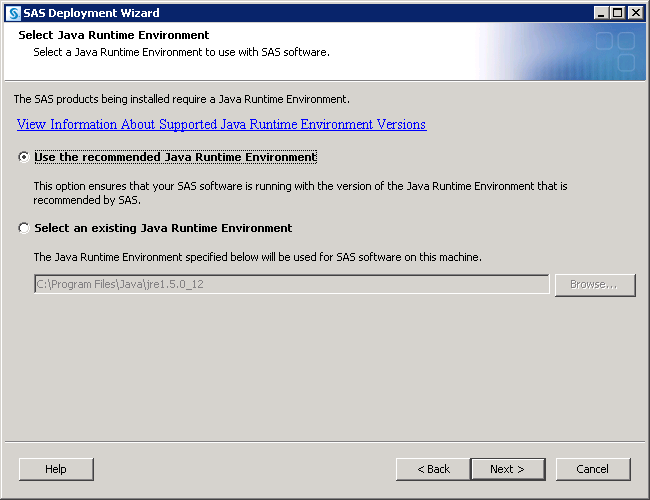 Select Java Runtime Environment page