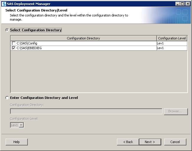 Select Configuration Directory/Level page
