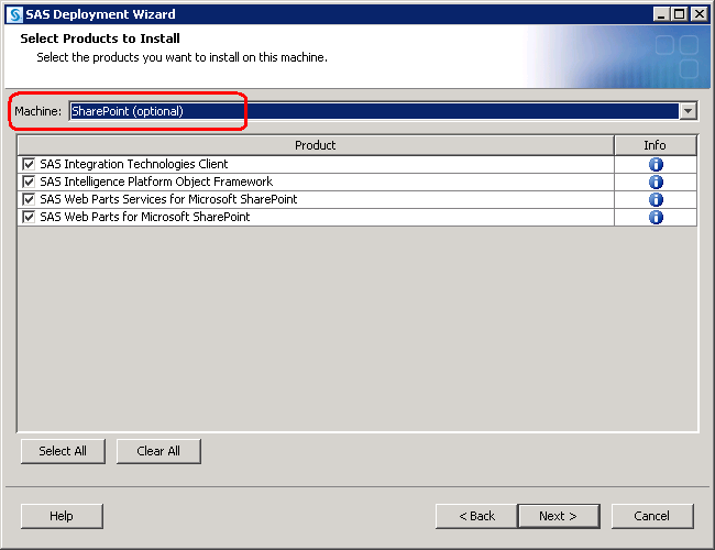 Select Products to Install page