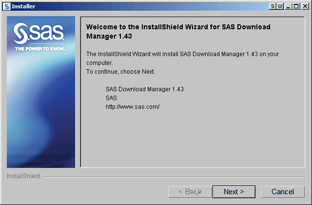 [SAS Download Manager installer welcome page]