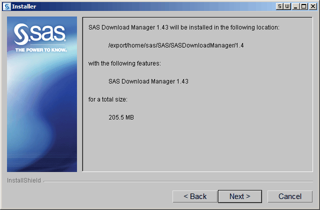 [SAS Download Manager installer summary page]
