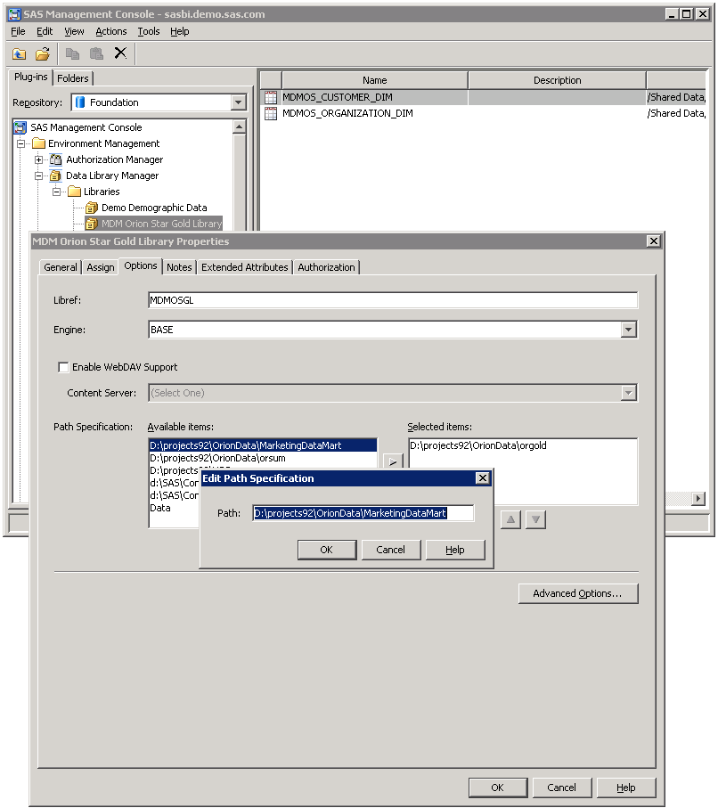 [Changing a library path in the SAS Management Console]