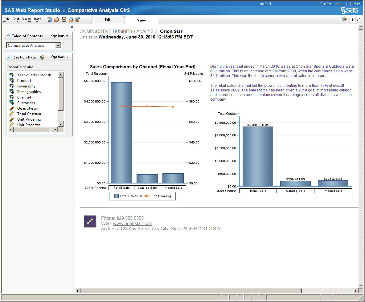 [SAS Web Report Studio displaying report output]