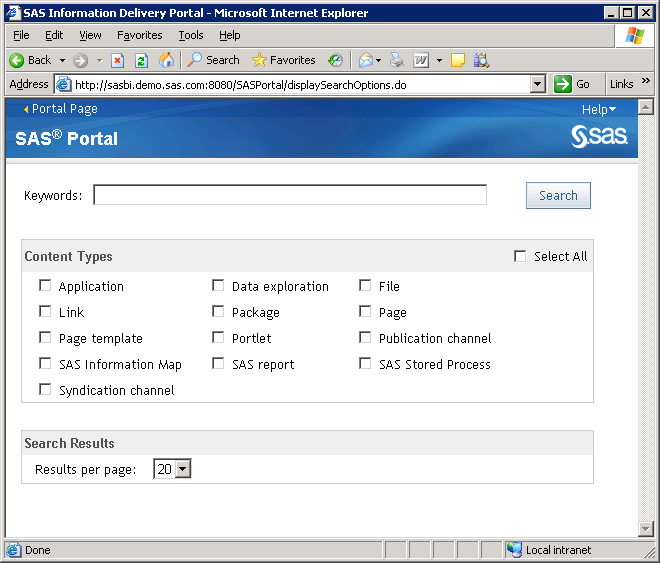SAS Information Delivery Portal search window