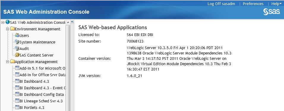 Main Page in SAS Web Administration Console