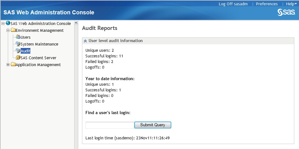 Audit Reports page of the SAS Web Administration Page