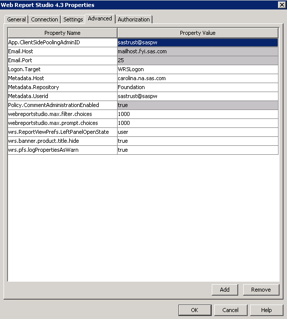 SAS Web Report Studio Properties panel, Advanced tab