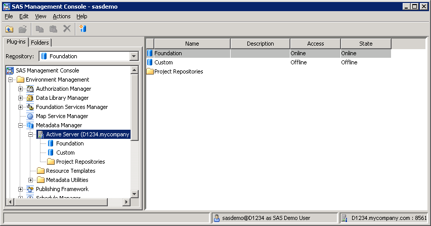 [Table view in SAS Management Console showing repository access mode and current access state]