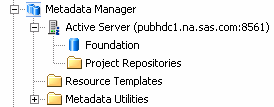 [Metadata Manager tree in SAS Management Console, with repositories displayed]
