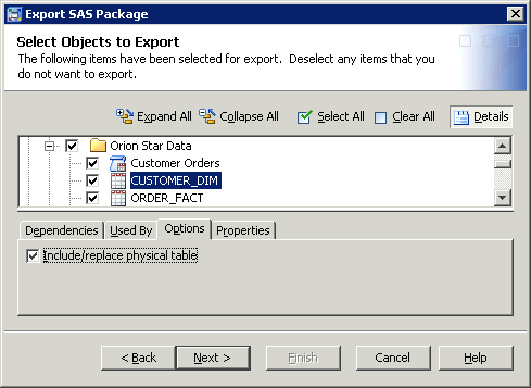 Export SAS Page Wizard: Page 2 with Options tab displayed