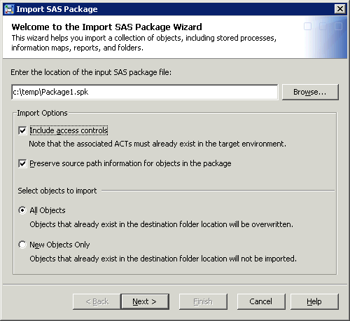 Import SAS Package wizard: Page 1