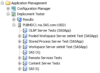 SAS Management Console plug-ins tab: Application Management node with the list of Deployment Tester tests expanded