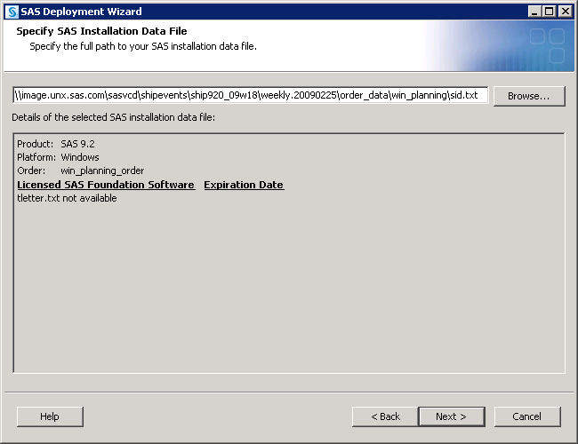[Specify SAS Installation Data File page]