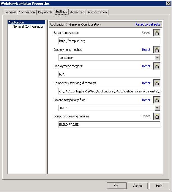 [Settings Tab for the WebServiceMaker Properties Dialog Box]