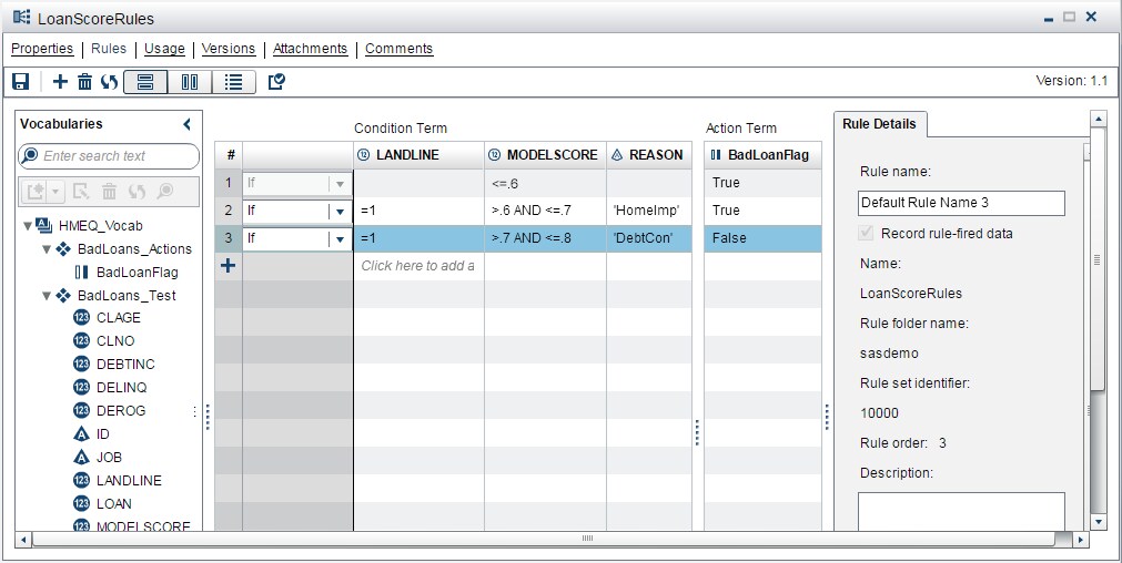decision table showing the rules defined in the LoanScoreRules rule set