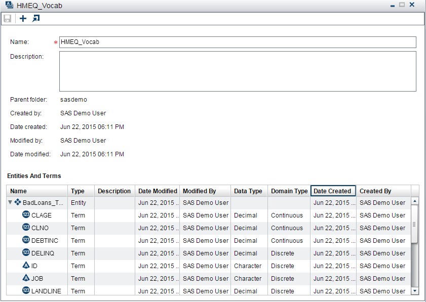 HMEQ_Vocab window showing the vocabulary after the terms have been imported