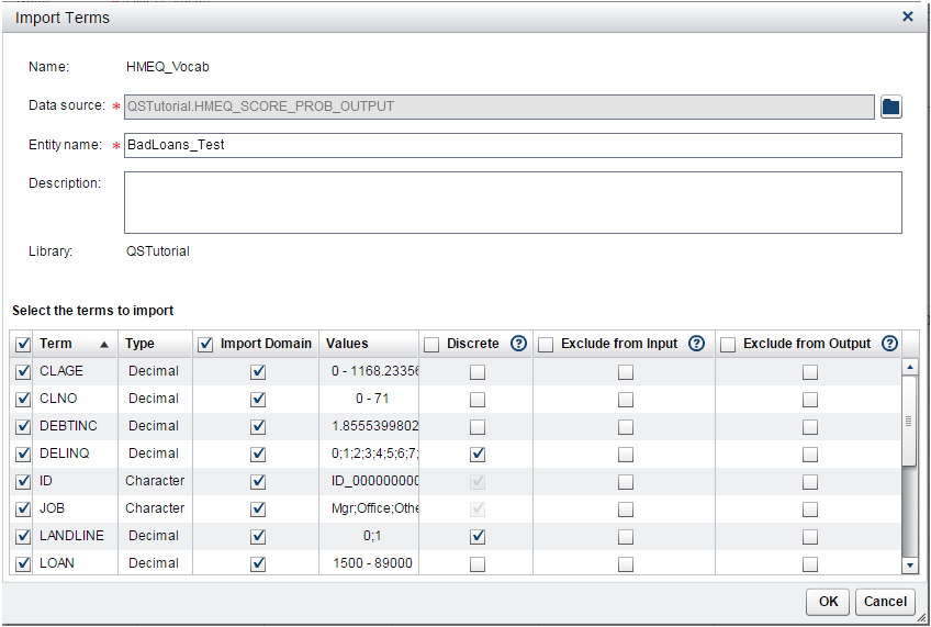 Import Terms window showing the terms in the HMEQ_SCORE_PROB_OUTPUT data set