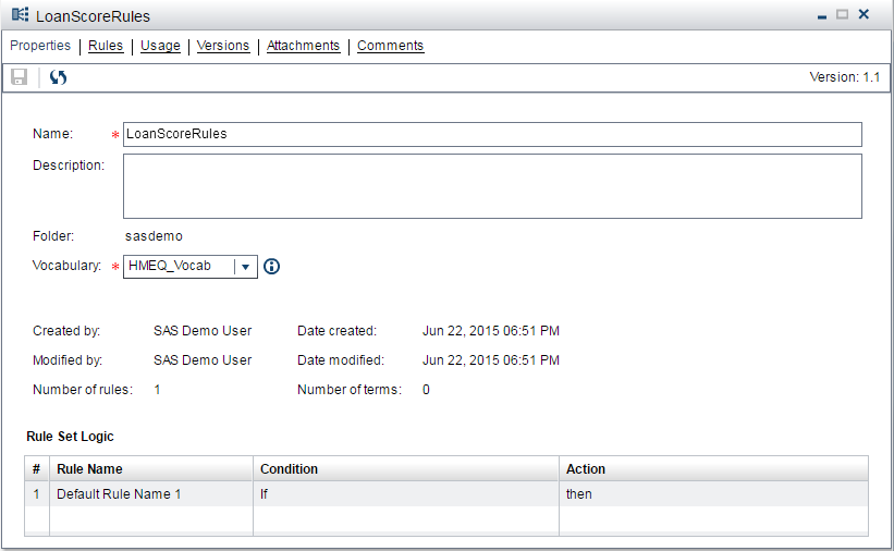 Properties page for the LoanScoreRules rule set