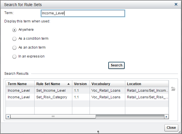 Search for Rule Sets window showing two rule sets returned after searching for the term Income_Level