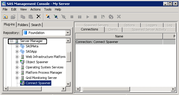 SAS/CONNECT Spawner in the Server Manager Node of the SAS Management Console