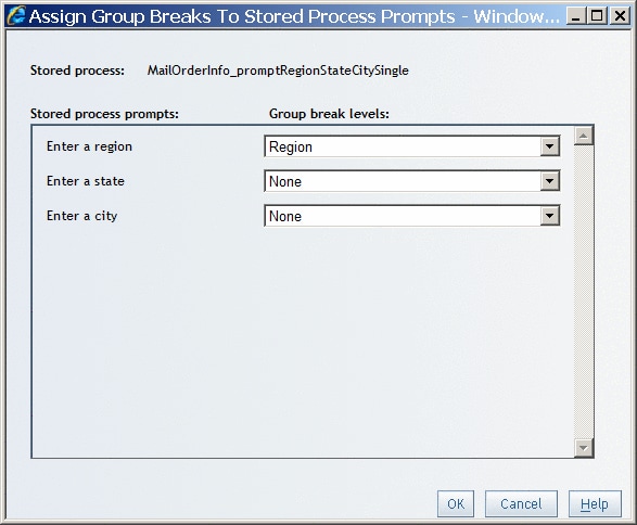 Assign Group Breaks To Stored Process Prompts dialog box