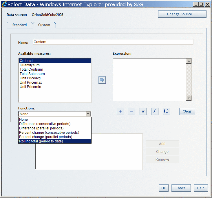Functions Drop-Down List in the Select Data Dialog Box
