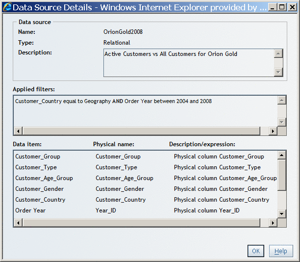 Data Source Details Dialog Box with Applied Filters Listed